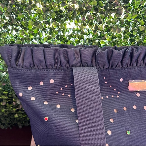 New Packed Party Navy Blue Bedazzled Ruffle Top Nylon Tote Bag | Packable - Picture 4 of 8